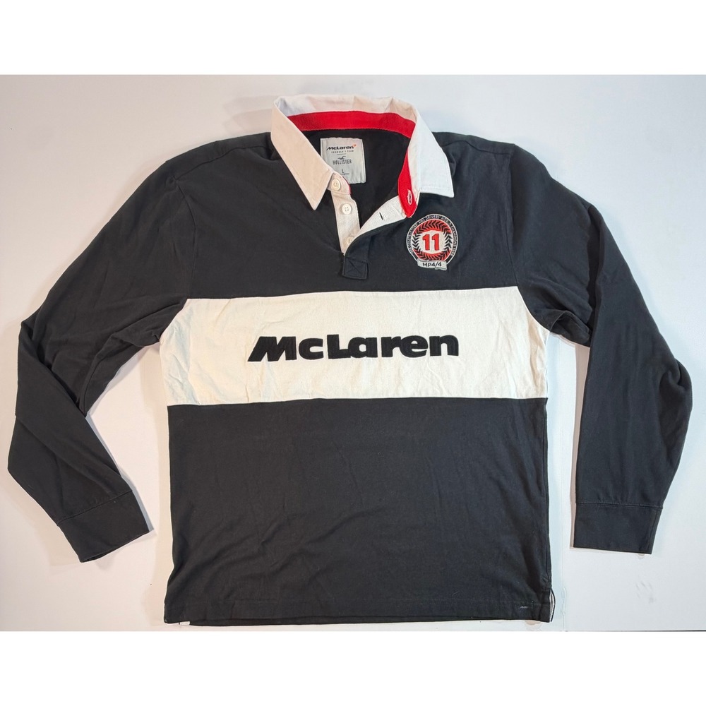 Hollister McLaren Formula 1 Team Long Sleeve Rugby Shirt Black White Large F1